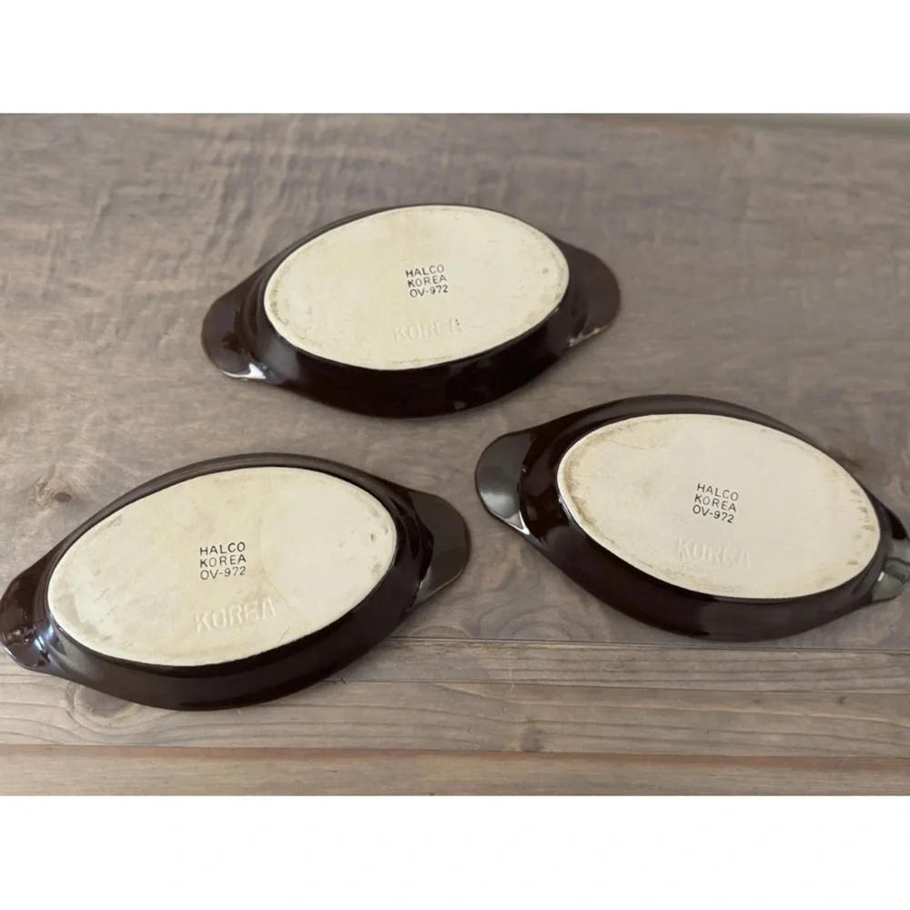 VTG HALCO Korea Ceramic Oval Au Gratin Baking Dish Set Brown Cream Oven Safe 3PC